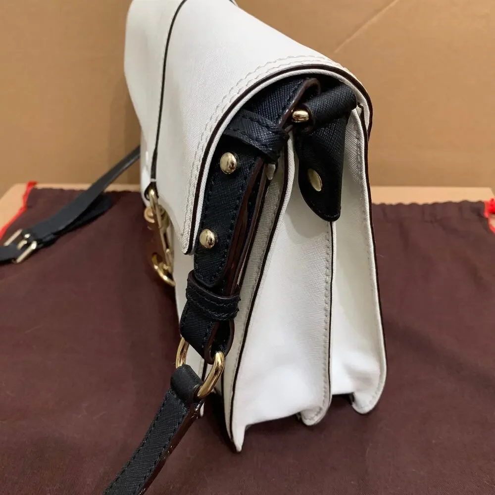 REBECCA MINKOFF White Saffiano Leather HUDSON Flap Large Xbody Msgr Black Trim